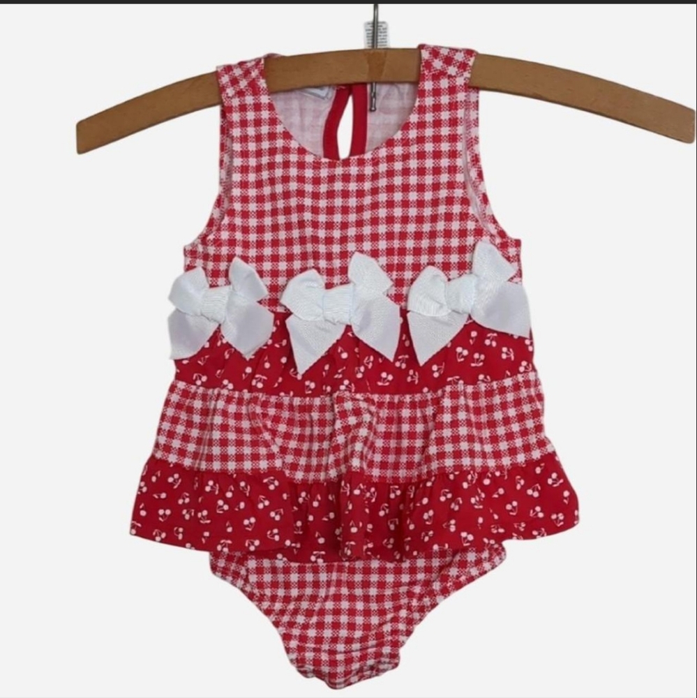 Baby Girl Red Gingham Ruffle Romper with White Bows & Cherry Print Accents 12Mos